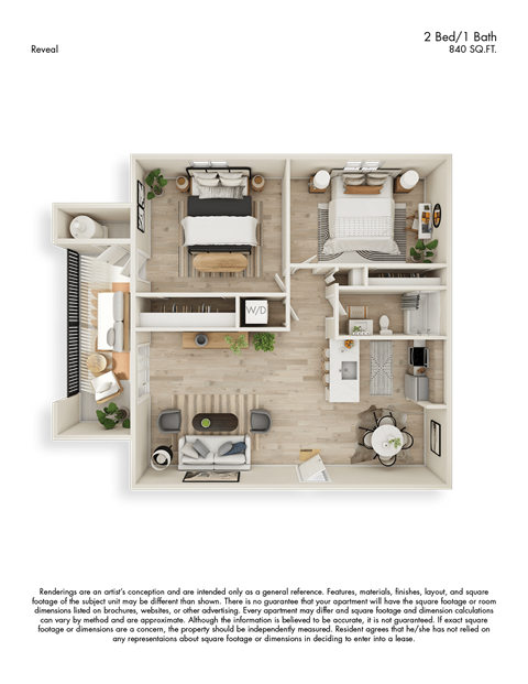 Floor plan for 2 beds, 1 bath, 840 sqft